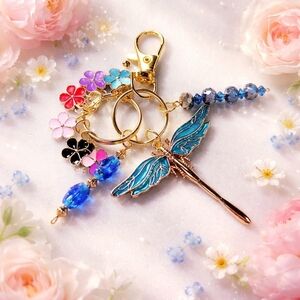 Flying Among The Flowers Colorful Dragonfly Keychain with Floral Charms